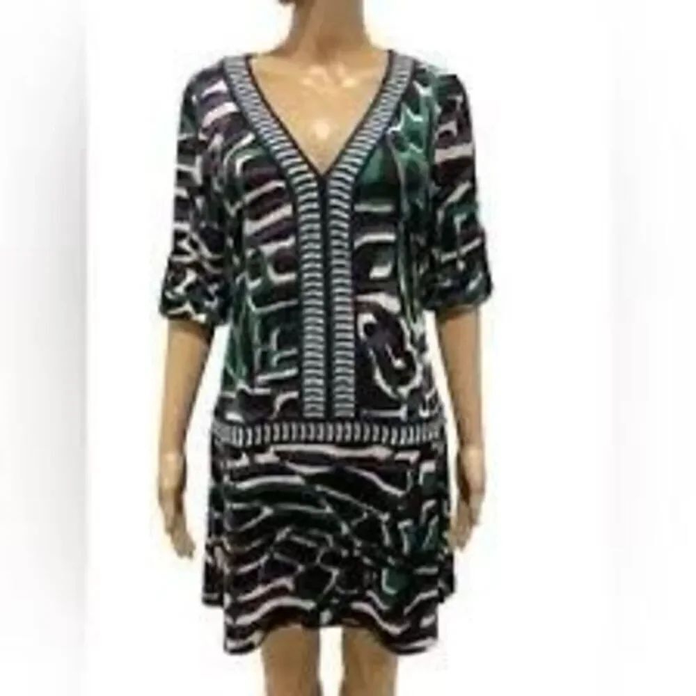 BCBGMAXAZRIA Size S Roll Tab Sleeve Mini Dress Purple Green Abstract Y2K Party